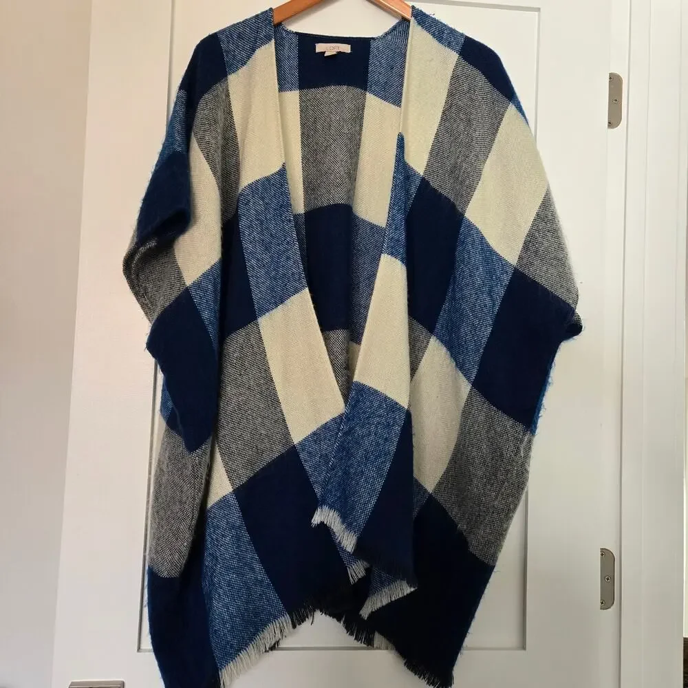 Ann Taylor Loft XS Blue and White Checkered Shawl Wrap Poncho with Fringe